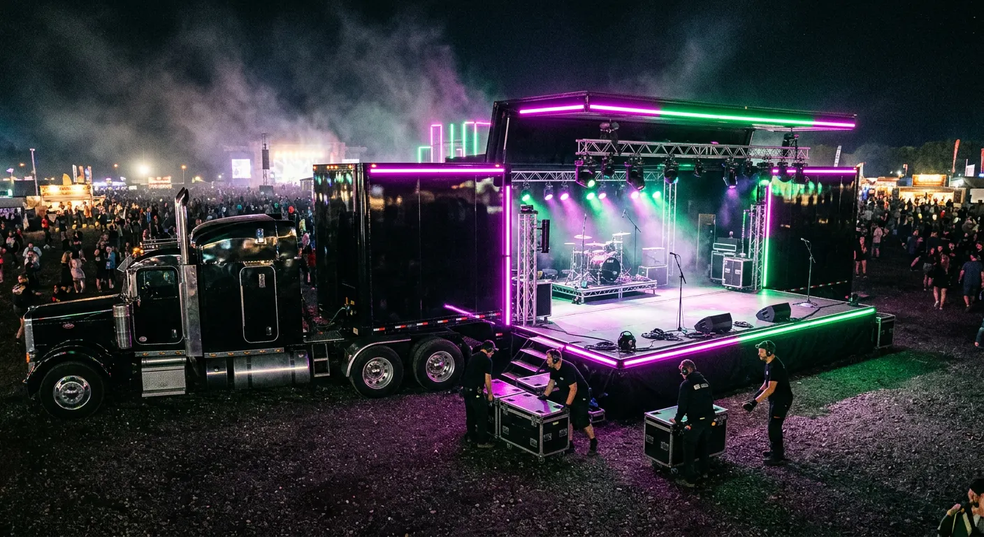 Custom tour activation trailer with a fold-out stage and LED lighting at a night festival