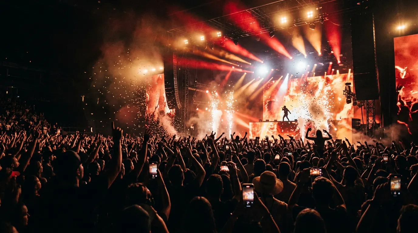 Packed arena crowd with hands raised under red stage lights and falling confetti