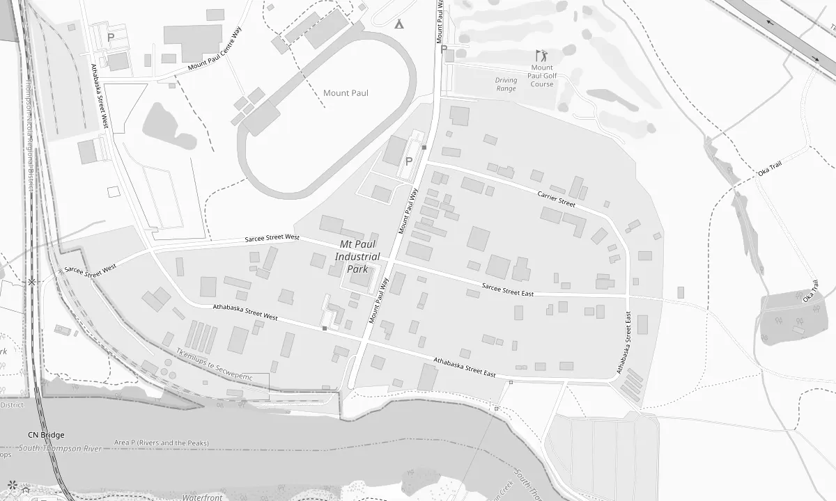 Street map of the Mount Paul area of Kamloops, BC, with a pin marking Running Turtle Transport headquarters on Mount Paul Way