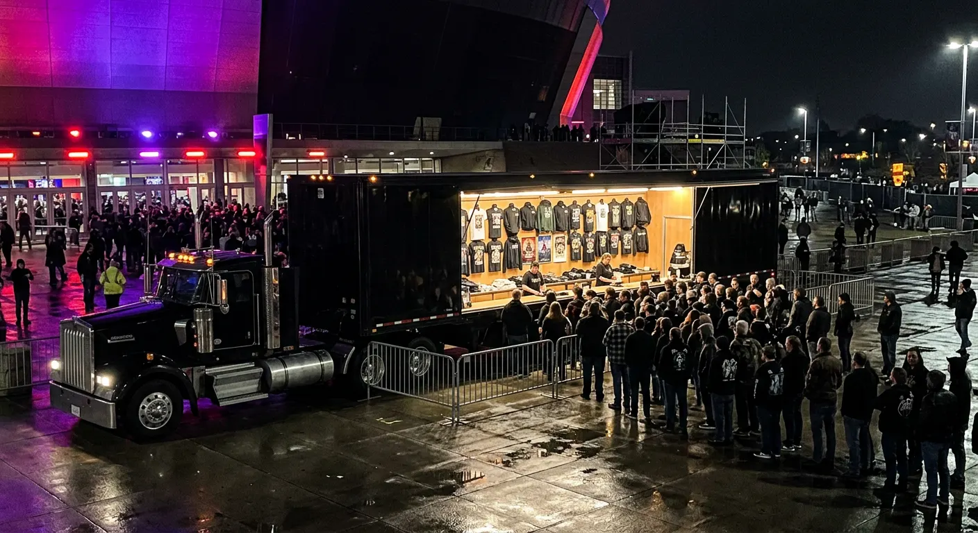 Tour merchandise trailer with an open lit side wall serving a line of fans outside an arena at night