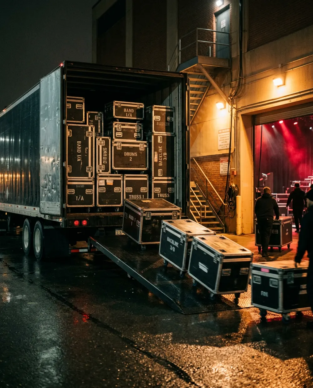 Touring road cases rolling down a ramp from an open semi-trailer at an arena loading dock at night