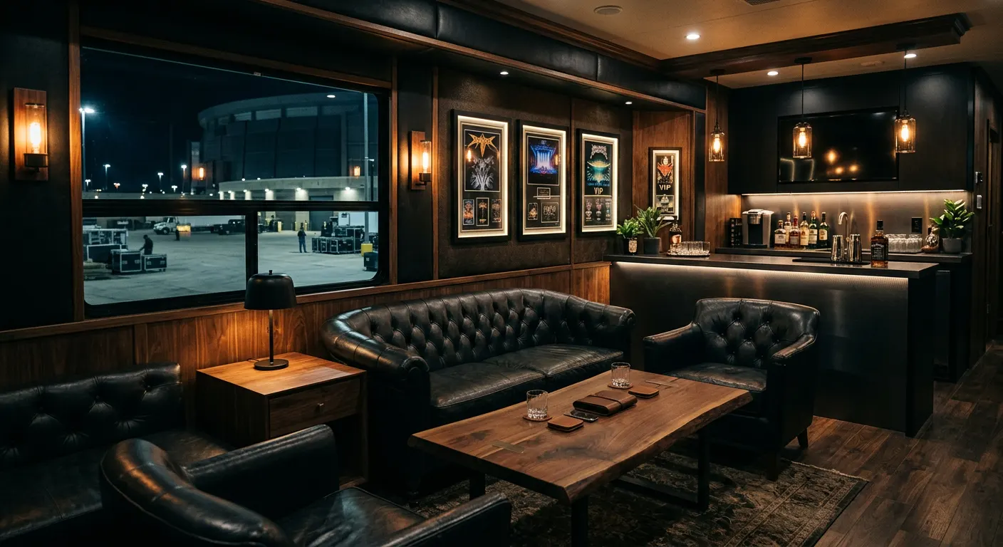 Warmly lit VIP hospitality trailer lounge with leather seating and a bar counter